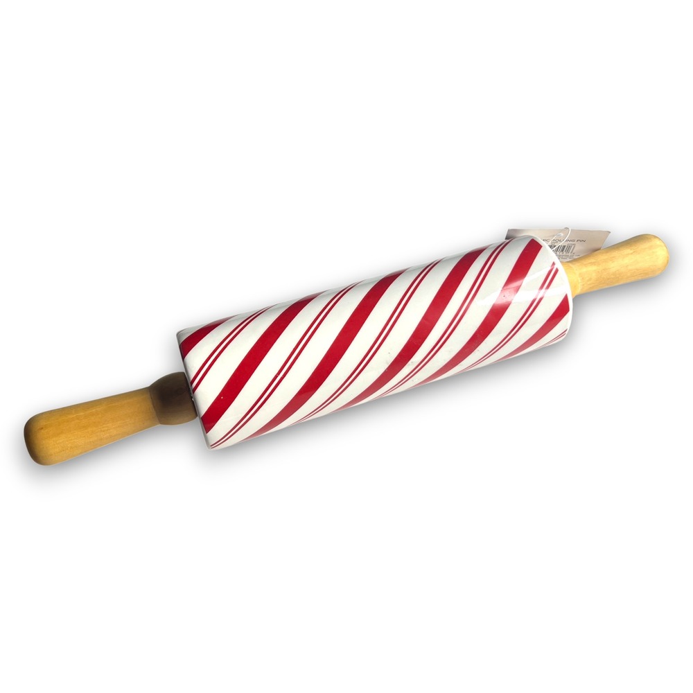 Candy Cane Striped 14" Ceramic Rolling Pin Wood Handles Christmas